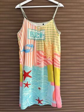 Patchwork Beach-Print Midi Dress in Pastel Multicolor